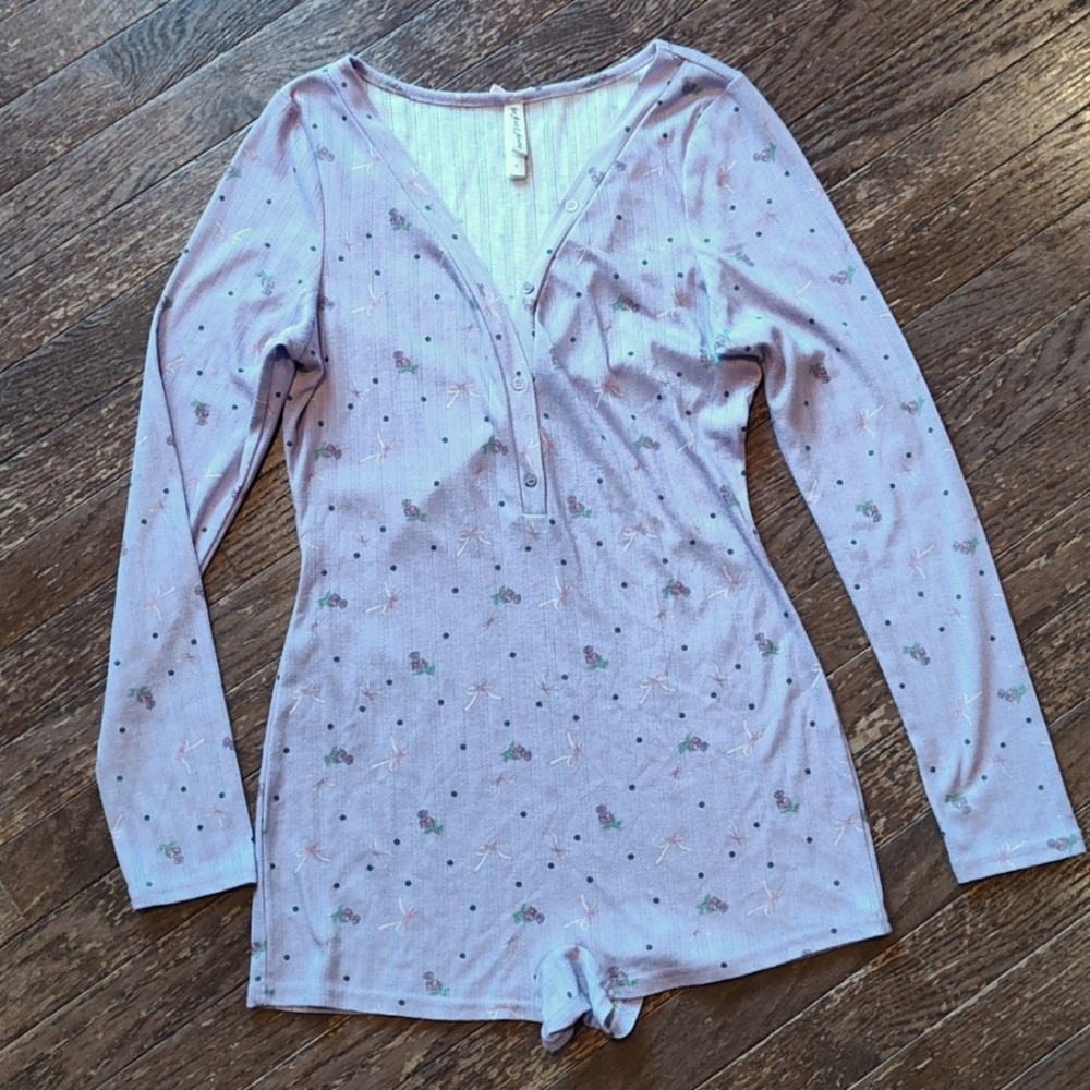 For Love And Lemons Pointelle Deep V Onesie Purple Floral Small NWOT